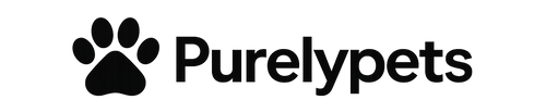 create a logo with purelypets with pet paw on one side in black color 